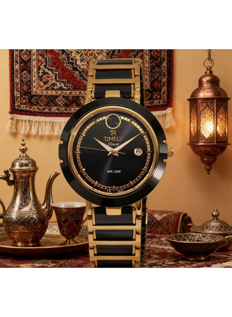 tr أمطار في الوقت المناسب ساعة رجالية ميكانيكية مزودة بتقويم، تتميز بمزيج من السيراميك والفولاذ المقاوم للصدأ المطلي بالذهب الوردي والأسود، ومينا أسود. - Image 2