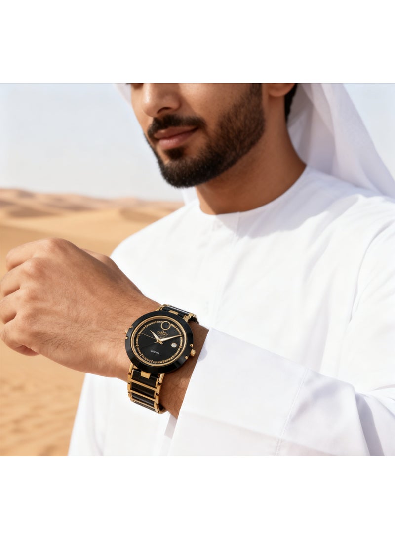 tr أمطار في الوقت المناسب ساعة رجالية ميكانيكية مزودة بتقويم، تتميز بمزيج من السيراميك والفولاذ المقاوم للصدأ المطلي بالذهب الوردي والأسود، ومينا أسود. - Image 5