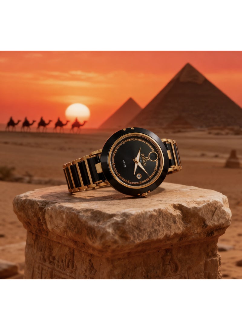 tr أمطار في الوقت المناسب ساعة رجالية ميكانيكية مزودة بتقويم، تتميز بمزيج من السيراميك والفولاذ المقاوم للصدأ المطلي بالذهب الوردي والأسود، ومينا أسود. - Image 4