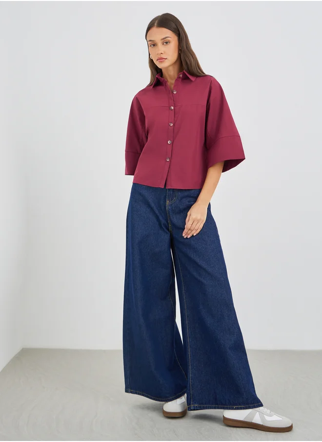 ستايلي Styli Boxy Fit Buttoned Spread Collar Crop Shirt