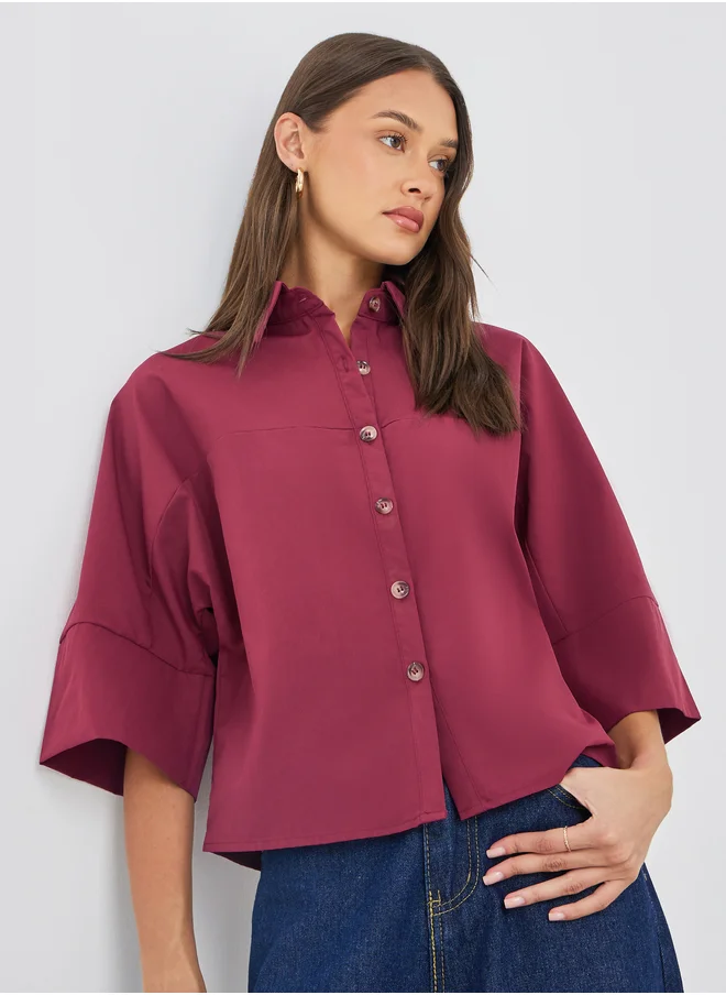 ستايلي Styli Boxy Fit Buttoned Spread Collar Crop Shirt