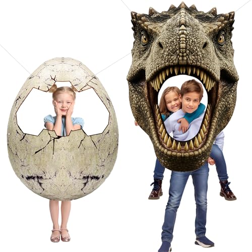 Cogniplay Dino Themed Photo Backdrop Set for Kids Birthday Party – Dinosaur Head and Egg Fabric Banner with Cut-Out Windows – Jungle Safari Party Decorations, Hanging Dinosaur Photo Booth Props - Image 1