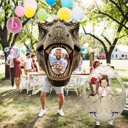 Cogniplay Dino Themed Photo Backdrop Set for Kids Birthday Party – Dinosaur Head and Egg Fabric Banner with Cut-Out Windows – Jungle Safari Party Decorations, Hanging Dinosaur Photo Booth Props - Image 5