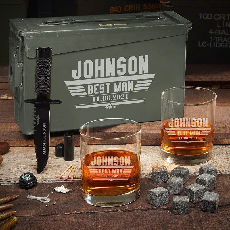 HomeWetBar Custom Metal Ammo Box and Whiskey Gift Set with Tactical Pocket Knife for Groomsmen by HomeWetBar  Groomsmen Gift Box - Image 1