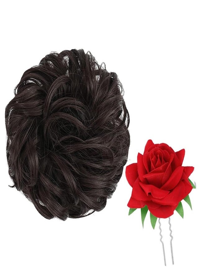 برافراجيا كعكة شعر فوضوية من برافراجيا مع مشبك شعر على شكل وردة، وصلات شعر من الدانتيل القطني، مثالية لحفلات الزفاف النسائية والمناسبات الأخرى (بني). - Image 2