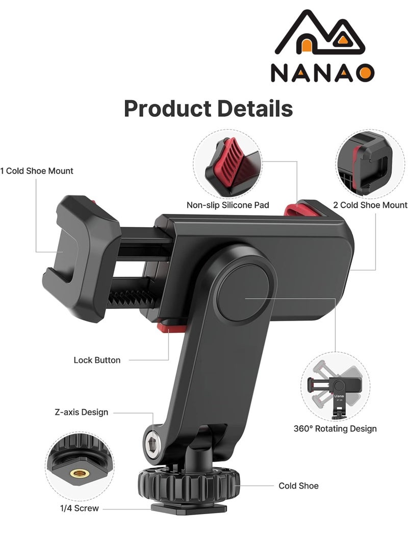 NANAO Phone Tripod Mount ST-06S Universal Smartphone Mount Adapter with 2 Cold Shoe 360° Rotates and Adjustable Cell Phone Clip Clamp Holder Compatible with All Phones Photography Lights And Other Equipment - Image 2