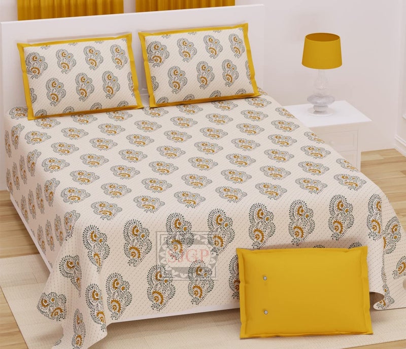 PURE COMFORT 100 Percent Cotton Rajasthani Super King Size Double Bedsheet with 2 Pillow Covers, Super King, Yellow - Image 4
