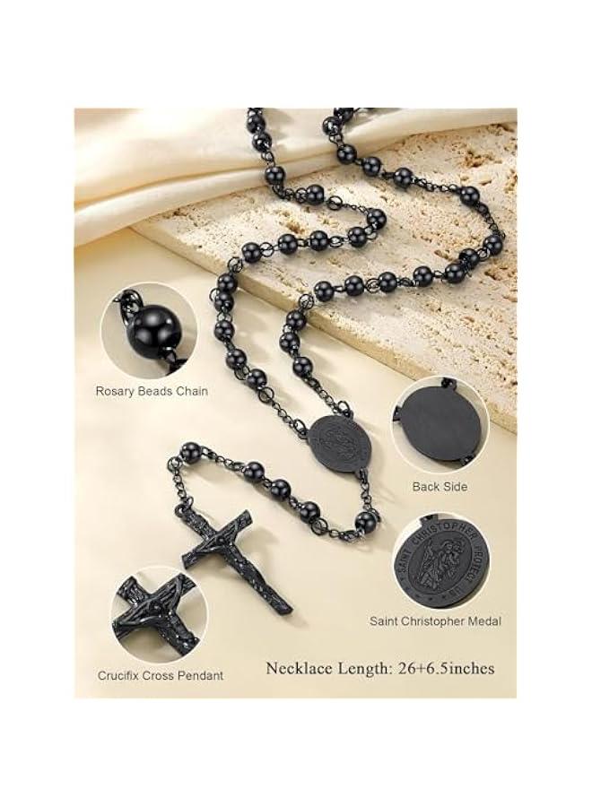 Arabest Rosary Beads Catholic Necklace for Men, St Michael/St Christopher/Virgin Mary Prayer Rosaries with Crucifix Cross Stainless Steel Praying Rosary Necklace - Image 5