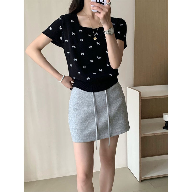 Plus Size Chubby Girl Square Collar Bow Knitted Short-Sleeved T-Shirt Arrival French Style Age-Reducing Top For Women - Image 2