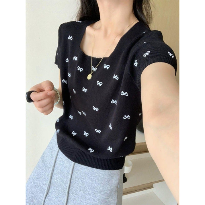 Plus Size Chubby Girl Square Collar Bow Knitted Short-Sleeved T-Shirt Arrival French Style Age-Reducing Top For Women - Image 1