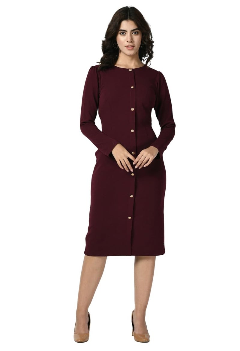 Exude Wine Button-Down Midi Sheath Dress for Women - Image 1