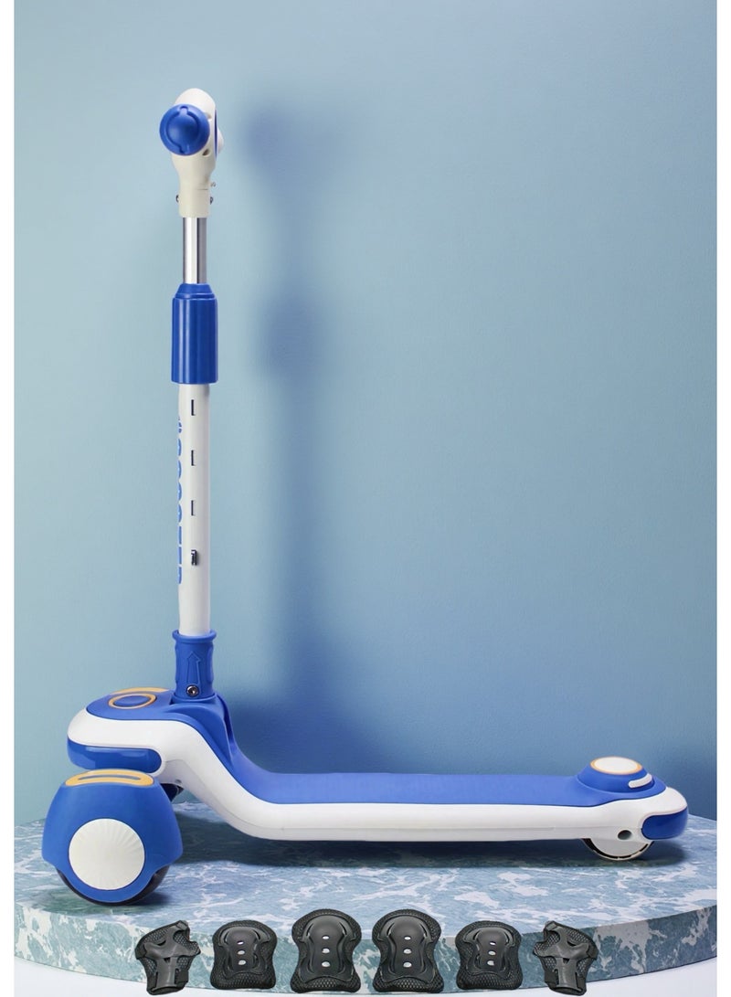سكوتر للأطفال من عمر 3 إلى 8 سنوات بإطار قابل للطي، ومقود قابل للتعديل، وعجلات LED من البولي يوريثان، وفرامل خلفية، وموسيقى مدمجة، ومجموعة معدات حماية - Image 1