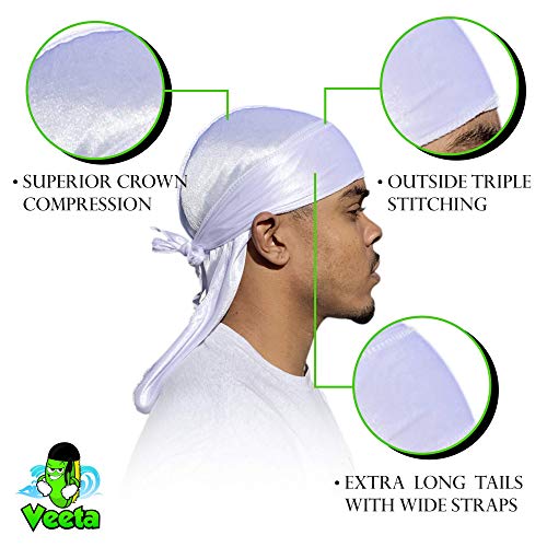 Veeta Superior Silk Durag - Smooth Silk Durag for Men & Women, Long Double Wide Straps, Outside Seam Triple Stitch Du Rag (Ghost White) - Image 3