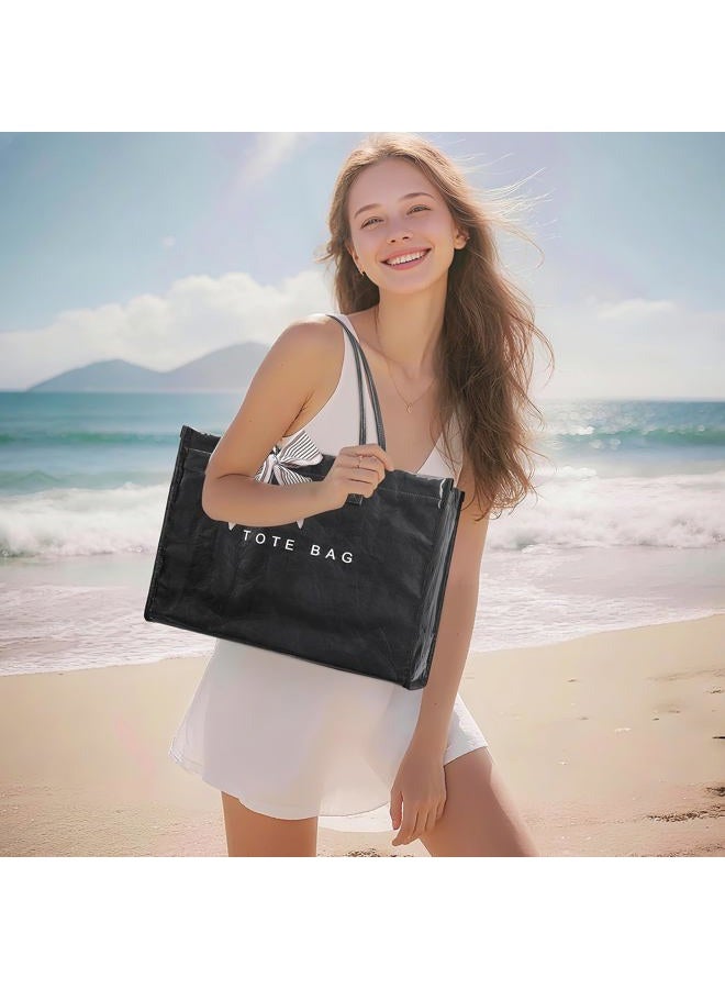 Lushandy PVC Tote Bag for Women, Large Plastic Tote Purse Work Kraft Paper Letter Print Shoulder Bag Carry All Hobo Handbag, Black, One size - Image 3