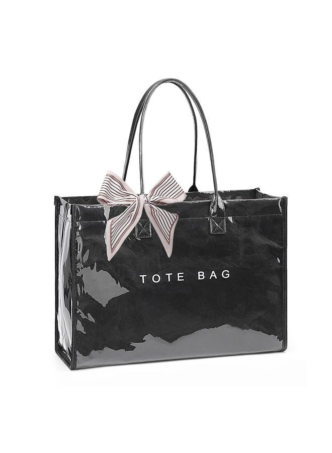 Lushandy PVC Tote Bag for Women, Large Plastic Tote Purse Work Kraft Paper Letter Print Shoulder Bag Carry All Hobo Handbag, Black, One size - Image 1