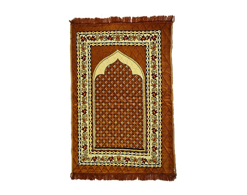 Dulhan CrossStiched Velvet Janamaz Thick Anti Skid Soft and Comfortable Big Prayer Mat Golden 4 x 2 Feet Dulhan - Image 1