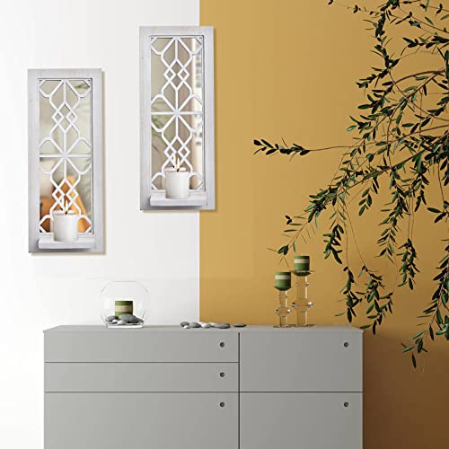 ZEXUIRU Wood Wall Sconce Candle Holder Set 2, Rustic Wall-Mount Candle Holders, Farmhouse Hanging Wall Décor, Carved Wood Frame, Mirrored Candle Holder (Distressed White) - Image 4