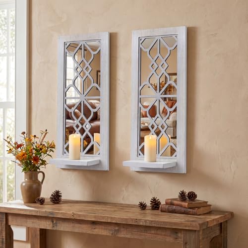 ZEXUIRU Wood Wall Sconce Candle Holder Set 2, Rustic Wall-Mount Candle Holders, Farmhouse Hanging Wall Décor, Carved Wood Frame, Mirrored Candle Holder (Distressed White) - Image 1