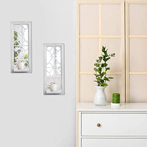 ZEXUIRU Wood Wall Sconce Candle Holder Set 2, Rustic Wall-Mount Candle Holders, Farmhouse Hanging Wall Décor, Carved Wood Frame, Mirrored Candle Holder (Distressed White) - Image 2