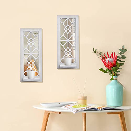 ZEXUIRU Wood Wall Sconce Candle Holder Set 2, Rustic Wall-Mount Candle Holders, Farmhouse Hanging Wall Décor, Carved Wood Frame, Mirrored Candle Holder (Distressed White) - Image 3