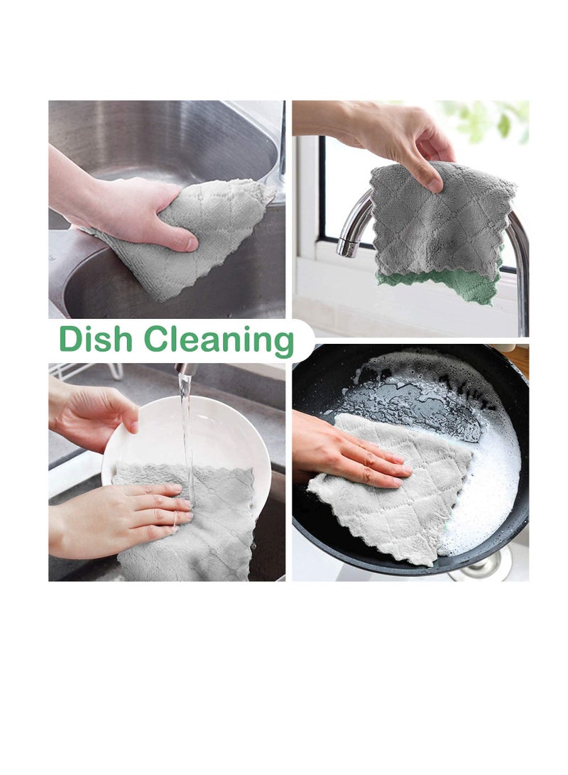 Kitchen Towels Dish Cloths, Eco-Friendly Reusable Dish Cloths Kitchen Towels, Absorbent Coral Velvet Lint-Free Dishtowels, Nonstick Oil Washable Fast Drying (Green-Grey 10Pcs)