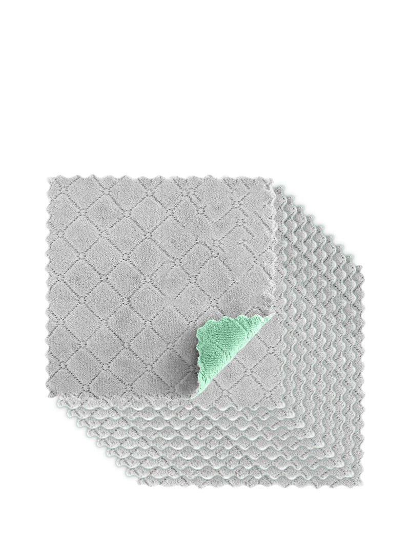 Kitchen Towels Dish Cloths, Eco-Friendly Reusable Dish Cloths Kitchen Towels, Absorbent Coral Velvet Lint-Free Dishtowels, Nonstick Oil Washable Fast Drying (Green-Grey 10Pcs)