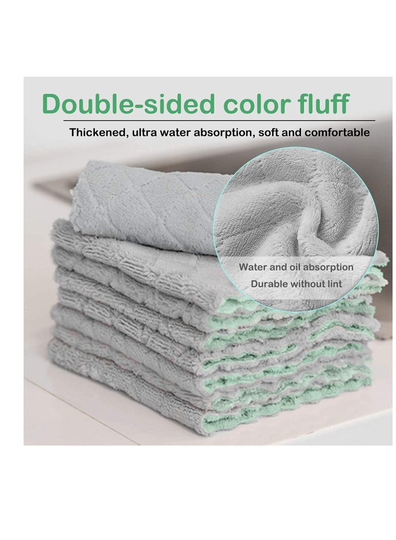 Kitchen Towels Dish Cloths, Eco-Friendly Reusable Dish Cloths Kitchen Towels, Absorbent Coral Velvet Lint-Free Dishtowels, Nonstick Oil Washable Fast Drying (Green-Grey 10Pcs)