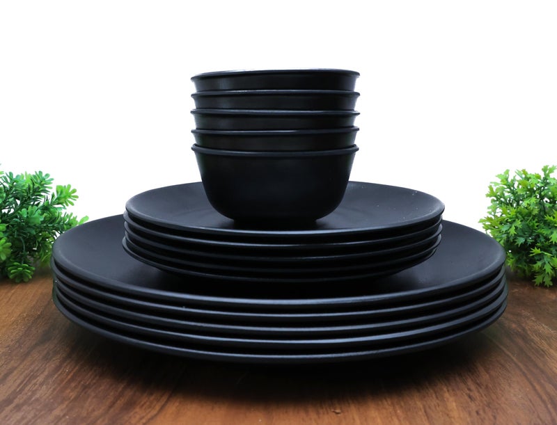 Amar Industries Melamine Dinner Set, Elegant, Unabreakable, Matte Black Spiral Design, Full Plates, Half Plates with Bowl (Set of 15) - Image 1