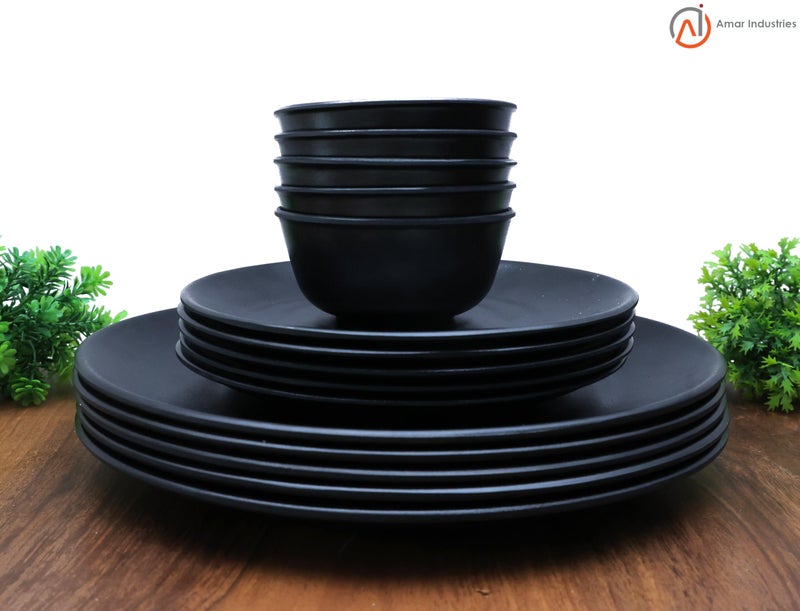 Amar Industries Melamine Dinner Set, Elegant, Unabreakable, Matte Black Spiral Design, Full Plates, Half Plates with Bowl (Set of 15) - Image 3