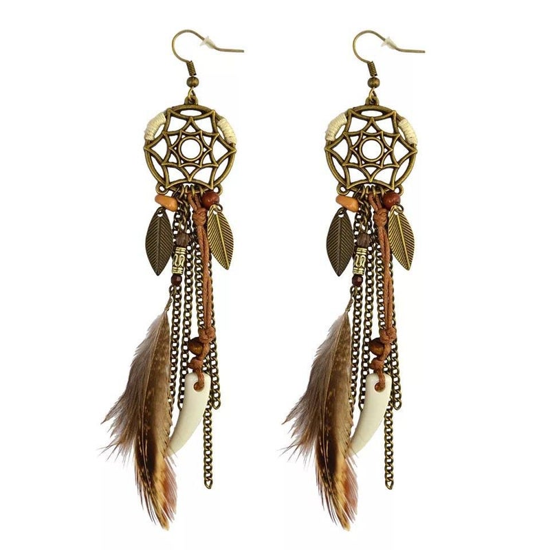 Zaycca Brown Dream Catcher Feather Earrings Vintage Bohemian Ethnic Dangle Earrings for Women - Image 1