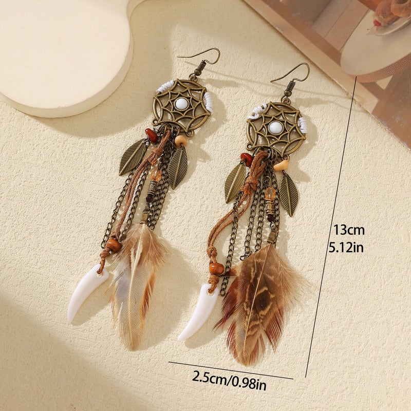 Zaycca Brown Dream Catcher Feather Earrings Vintage Bohemian Ethnic Dangle Earrings for Women - Image 3