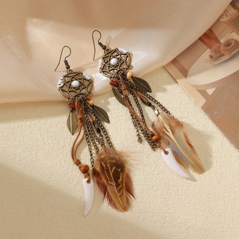 Zaycca Brown Dream Catcher Feather Earrings Vintage Bohemian Ethnic Dangle Earrings for Women - Image 5