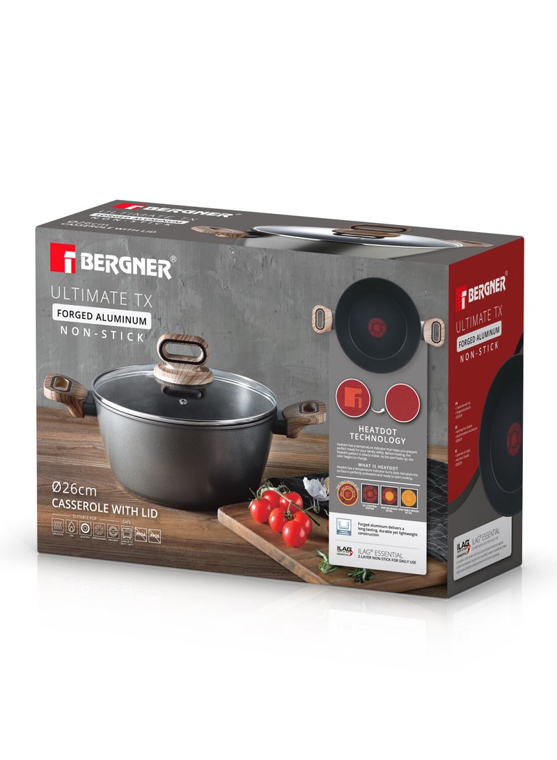 BERGNER ULTIMATE TX FORGED ALUMINUM CASSEROLE + LID 26 CM WITH HEATDOT TECHNOLOGY, INDUCTION BOTTOM, GREY COLOR, BG36172GY - Image 4