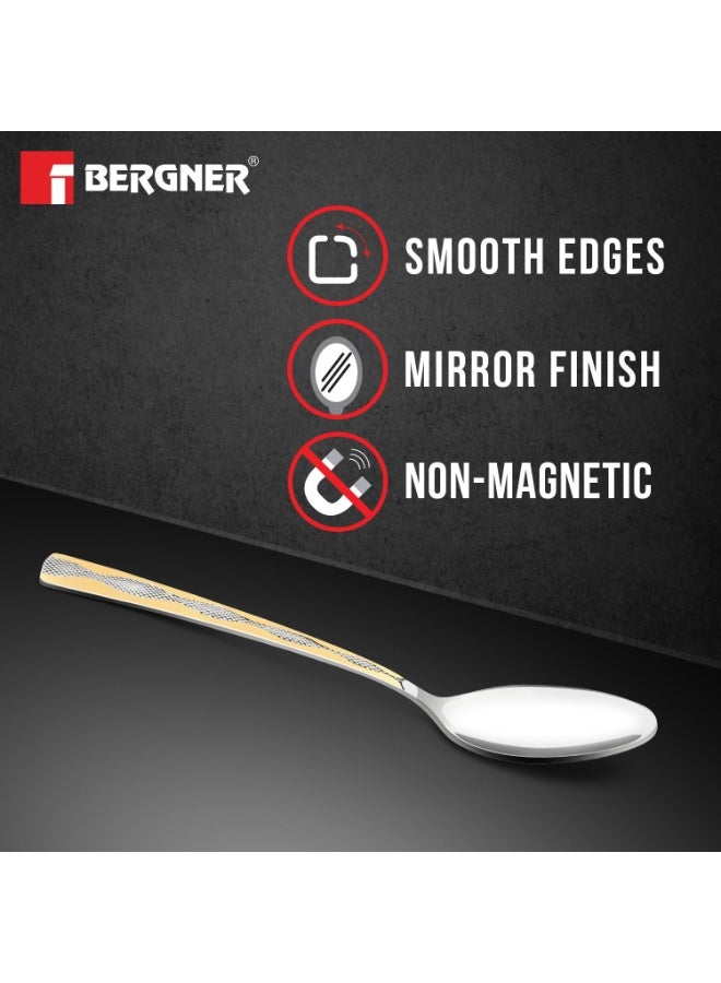 BERGNER مجموعة ملاعق الأطفال من بيرجنر BE Essentials توسك 6 قطع من الفولاذ المقاوم للصدأ، ملعقة بطول 15.7 سم، مطلية بالذهب عيار 24 قيراط، ملاعق أطفال فاخرة، آمنة، سهلة التنظيف، بسماكة 1.8 مم - فضي/ذهبي - Image 1
