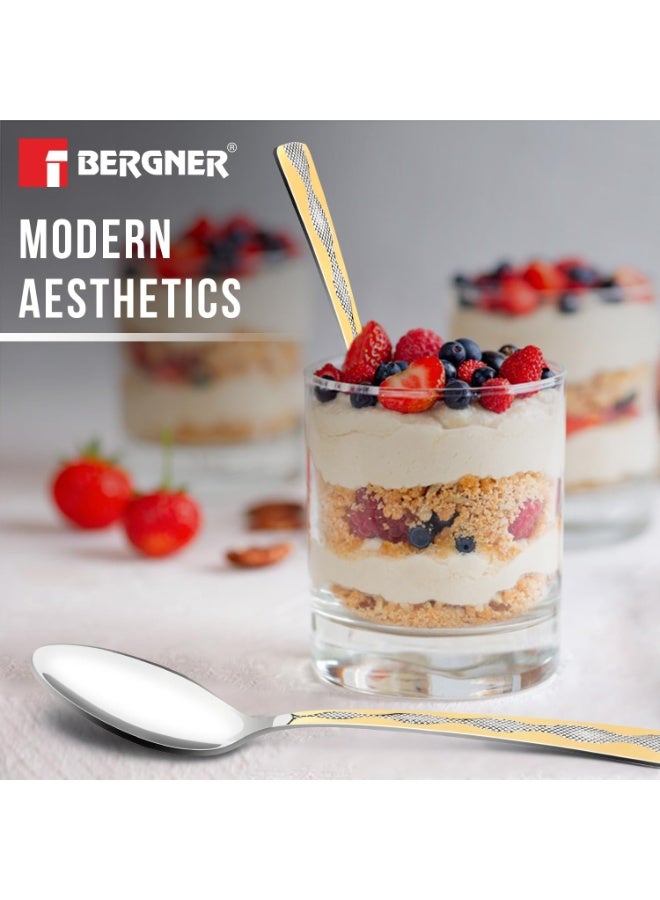 BERGNER مجموعة ملاعق الأطفال من بيرجنر BE Essentials توسك 6 قطع من الفولاذ المقاوم للصدأ، ملعقة بطول 15.7 سم، مطلية بالذهب عيار 24 قيراط، ملاعق أطفال فاخرة، آمنة، سهلة التنظيف، بسماكة 1.8 مم - فضي/ذهبي - Image 4