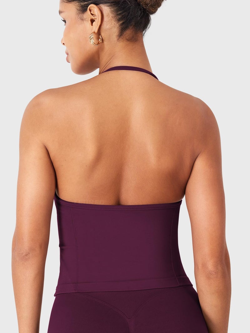 YEOREO SoftHue Impact Longline Strappy Top Women's Halter Workout Tank Tops Backless Gym Longline with Adjustable Strap Black Cherry - Image 5