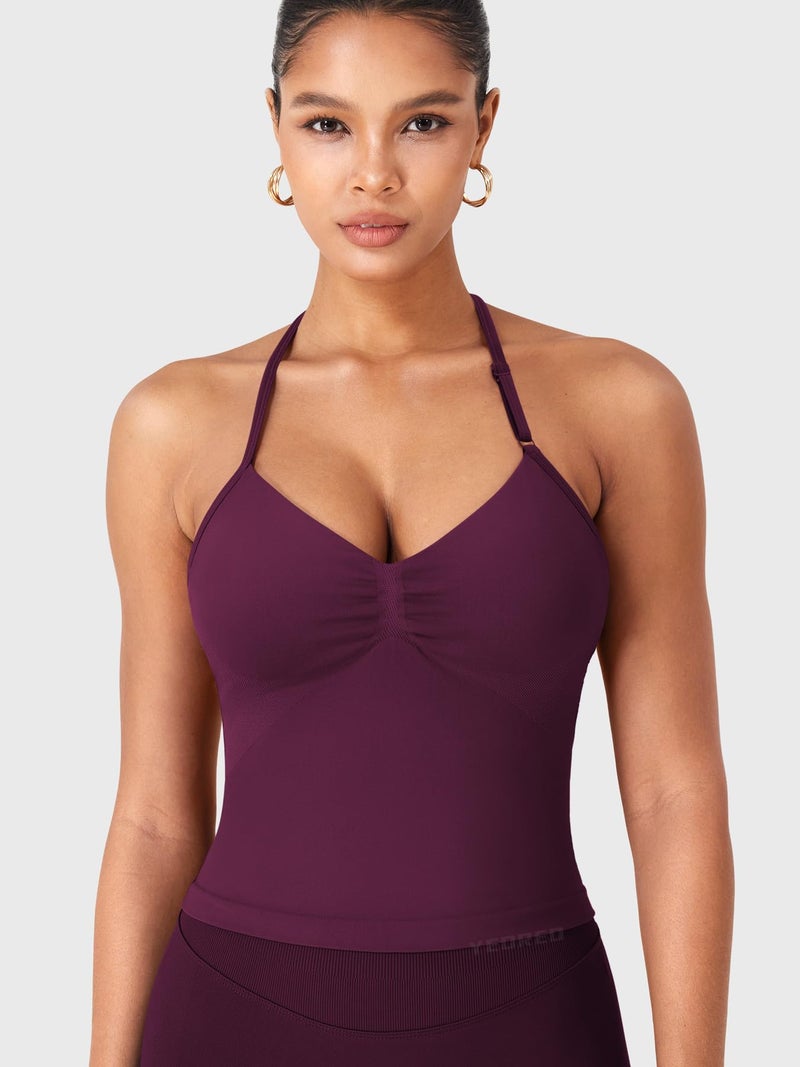 YEOREO SoftHue Impact Longline Strappy Top Women's Halter Workout Tank Tops Backless Gym Longline with Adjustable Strap Black Cherry - Image 4