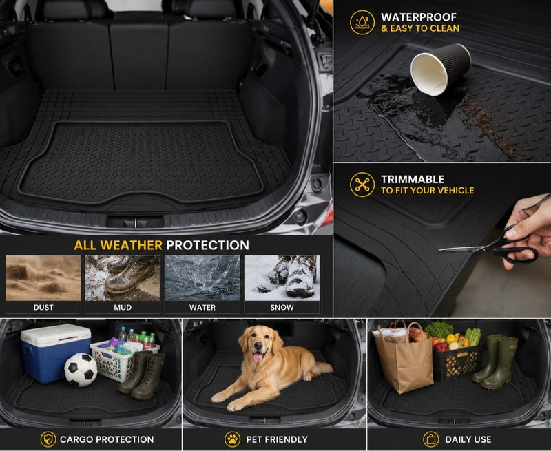 Dunekart Universal Car Trunk Mat, Heavy Duty All Weather Cargo Liner Floor Protection, Waterproof Trimmable Rubber Pad for SUV Sedan Auto - Black - Image 2