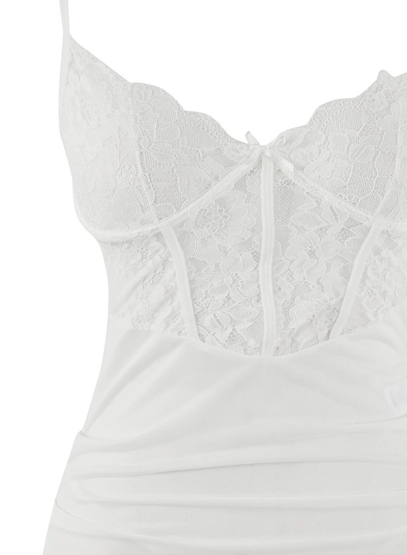 trendyol White Ruched Spaghetti Strap Babydoll with Panties / Fantasy Nightgown - Image 5