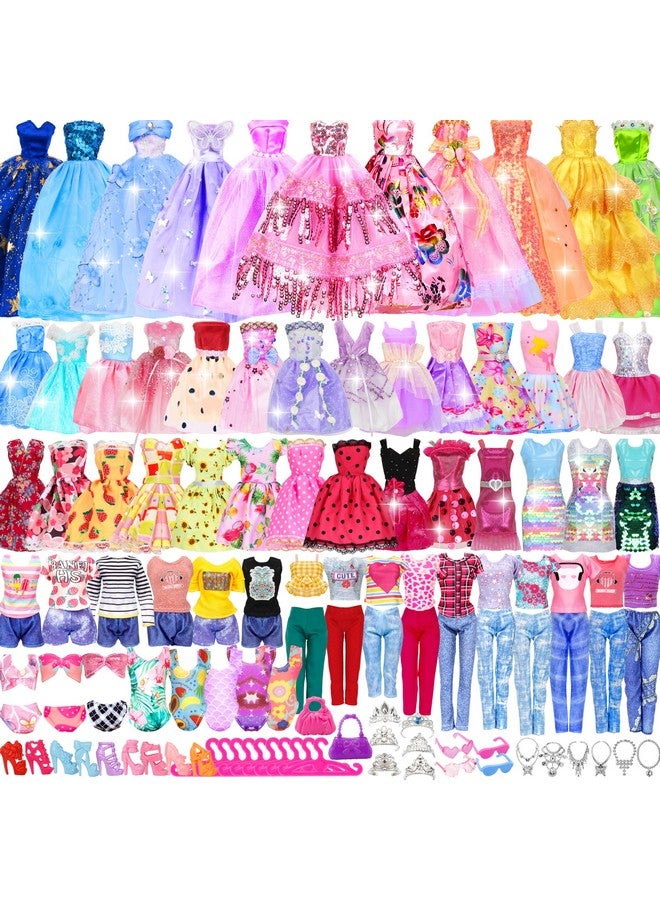 Bymore 70 Pcs Doll Clothes And Accessories Kit, Including 4 Princess Gowns 8 Fashion Dresses 3 Tops 3 Pants 2 Bikini Swimsuits 20 Shoes 10 Hangers 20 Accessories For 11"-12" Dolls - Image 1