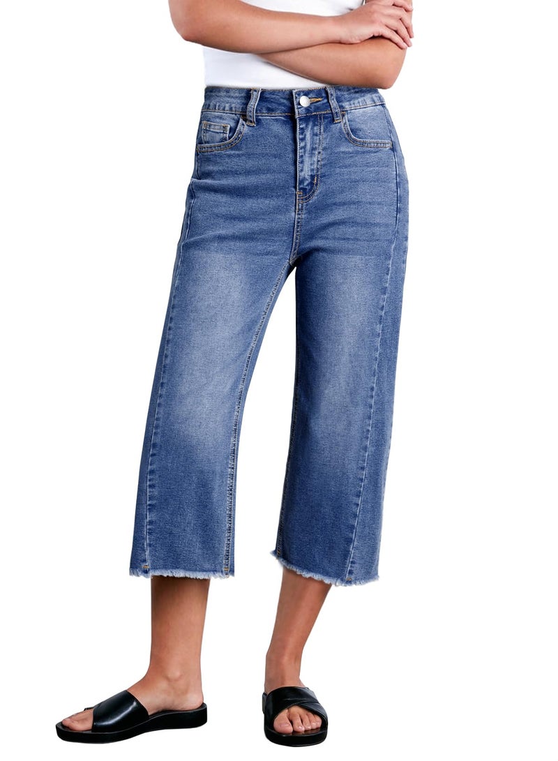 Sidefeel Women's Wide Leg Jeans High Waisted Stretchy Raw Hem Capri Pants Size 12 Blue - Image 1