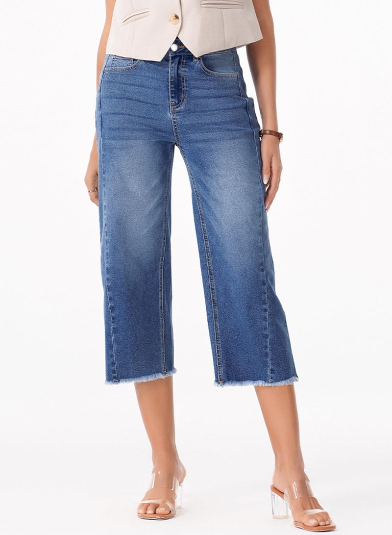 Sidefeel Women's Wide Leg Jeans High Waisted Stretchy Raw Hem Capri Pants Size 12 Blue - Image 4