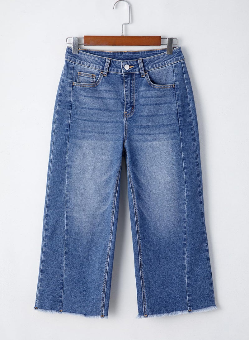 Sidefeel Women's Wide Leg Jeans High Waisted Stretchy Raw Hem Capri Pants Size 12 Blue - Image 5