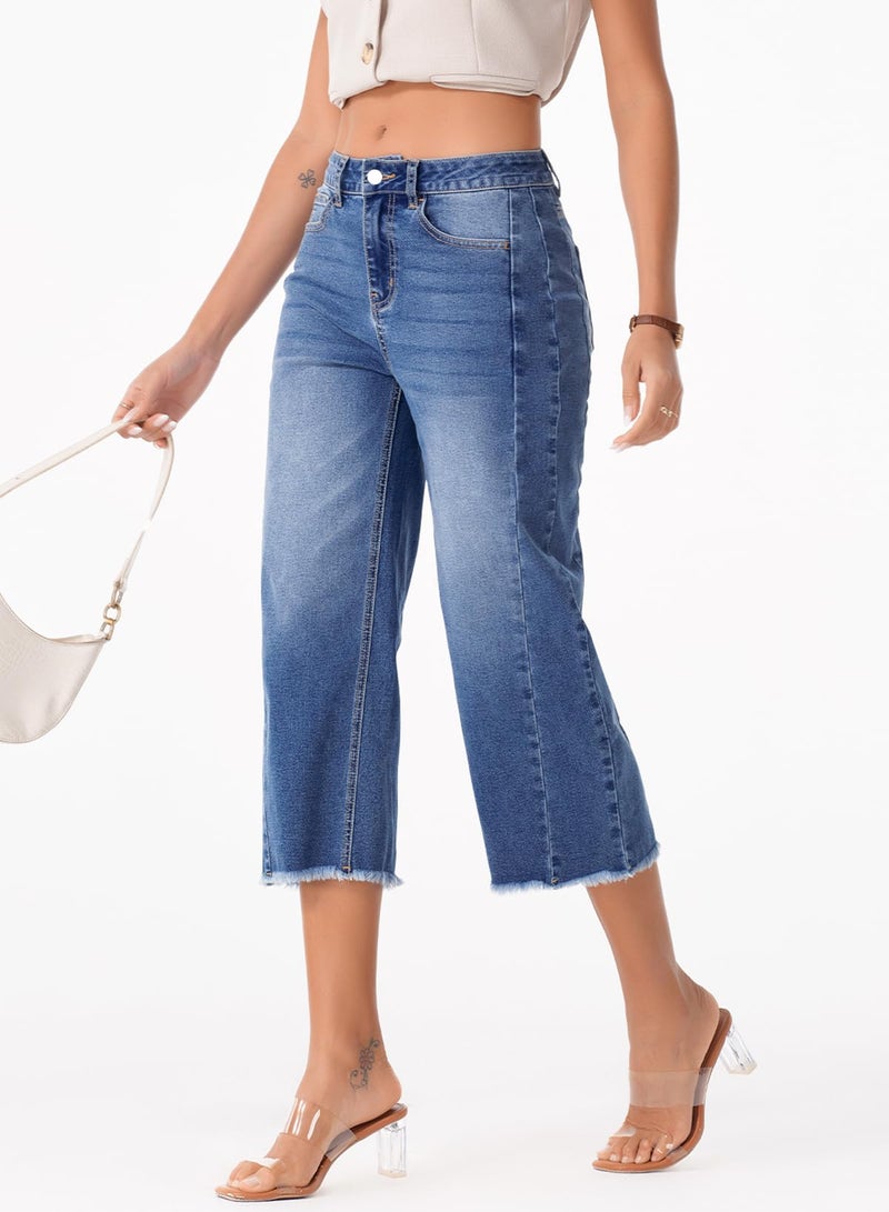 Sidefeel Women's Wide Leg Jeans High Waisted Stretchy Raw Hem Capri Pants Size 12 Blue - Image 3