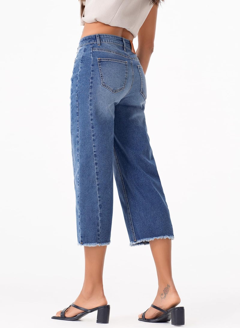 Sidefeel Women's Wide Leg Jeans High Waisted Stretchy Raw Hem Capri Pants Size 12 Blue - Image 2