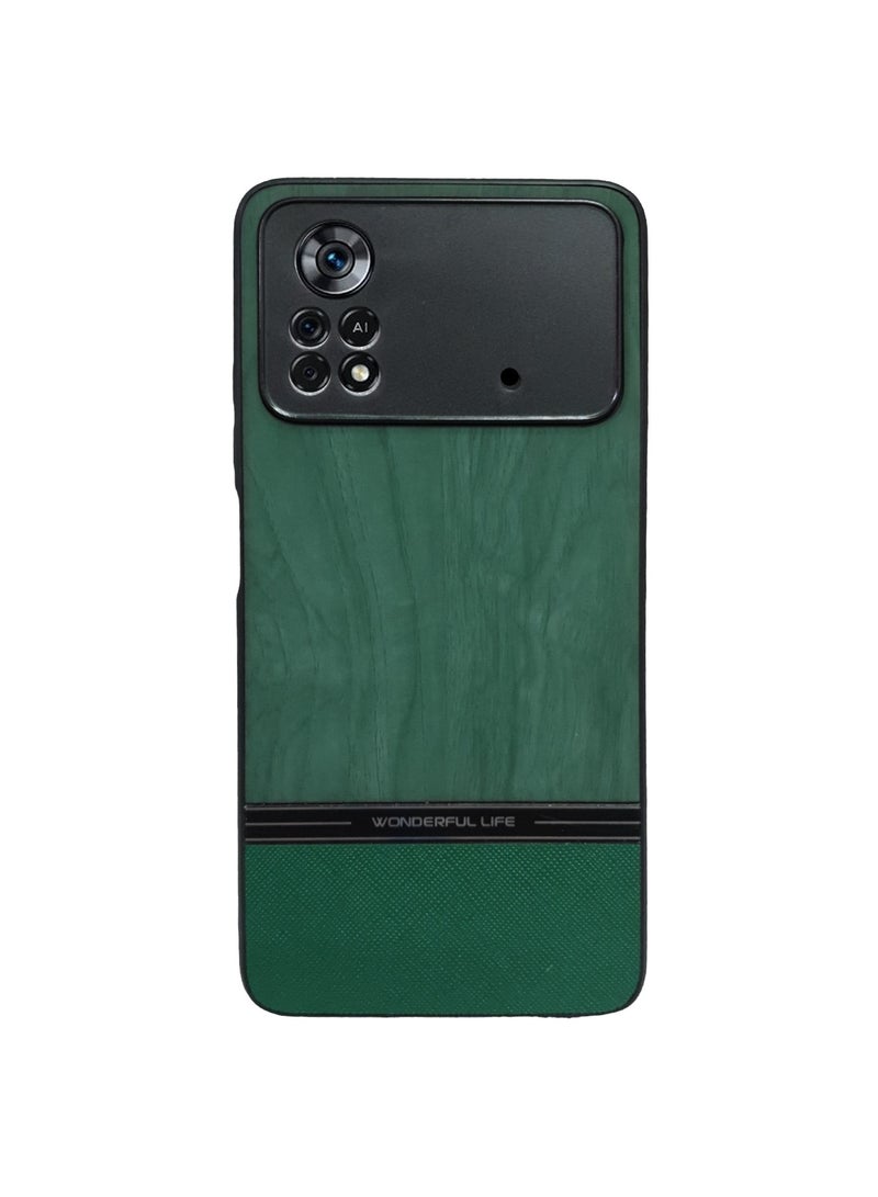 Elmo3ezz Shockproof Wood Grain Skin PU and TPU Shockproof Luxury Phone Case for Poco X4 Pro (Green) - Image 4
