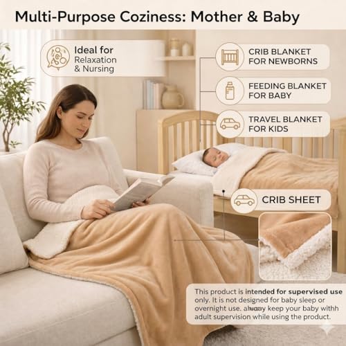 BRANDONN Baby Blanket 130x105 cm – Ultra Soft Dual Layer Sherpa & Flannel, Lightweight Warm Newborn Blanket for Crib, Stroller, Travel & Feeding, Skin-Friendly, 1 Month Till 5 Years (Camel) - Image 3