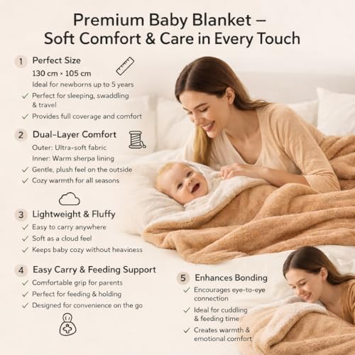 BRANDONN Baby Blanket 130x105 cm – Ultra Soft Dual Layer Sherpa & Flannel, Lightweight Warm Newborn Blanket for Crib, Stroller, Travel & Feeding, Skin-Friendly, 1 Month Till 5 Years (Camel) - Image 2