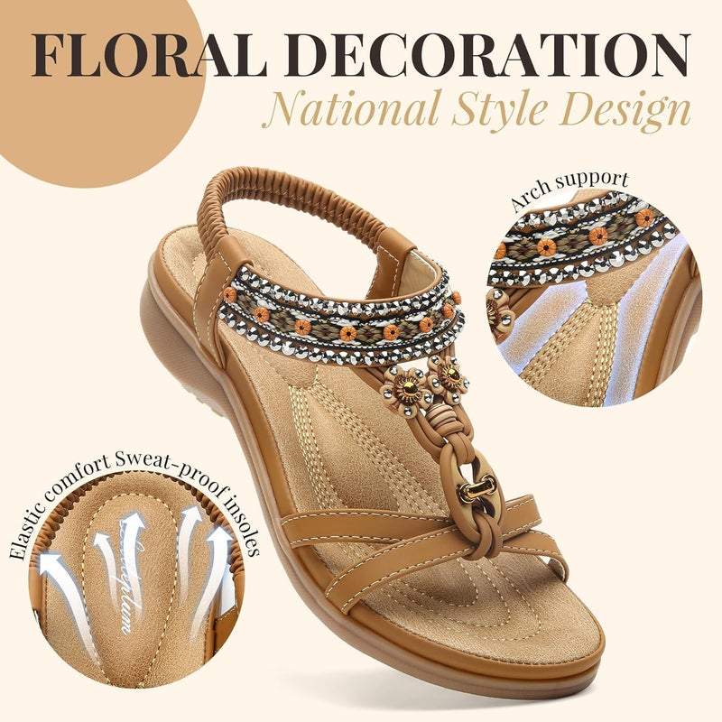 Littleplum Womens Sandals Arch Support Bohemian T-Strap Ankle Elastic Flower Rhinestone Sandals Women's Non Slip Summer Beach Flat Sandals Brown Size 8.5 - Image 4