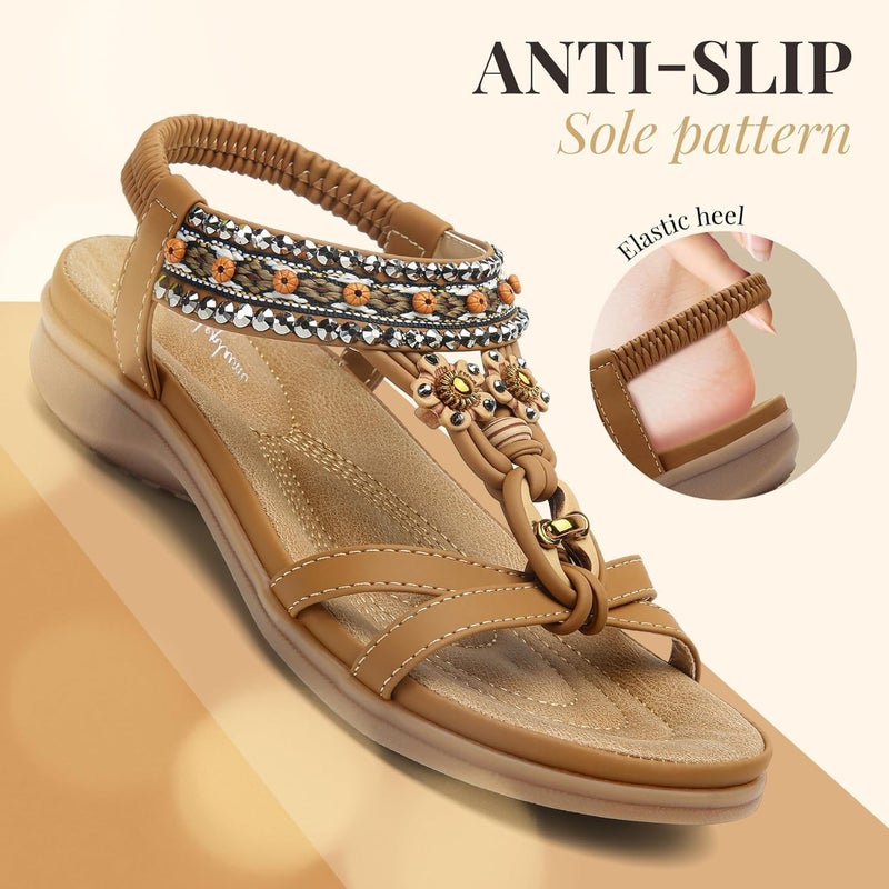 Littleplum Womens Sandals Arch Support Bohemian T-Strap Ankle Elastic Flower Rhinestone Sandals Women's Non Slip Summer Beach Flat Sandals Brown Size 8.5 - Image 3